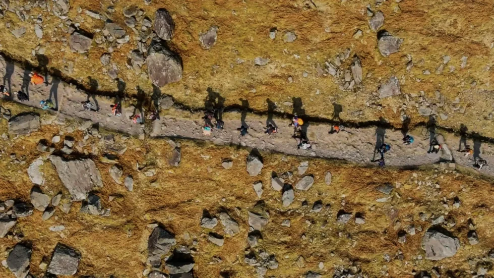 Aerial shot of hikers on mountain