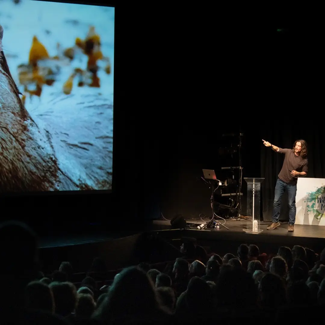 Séan Ronayne on the stage at a speaker event with an audience