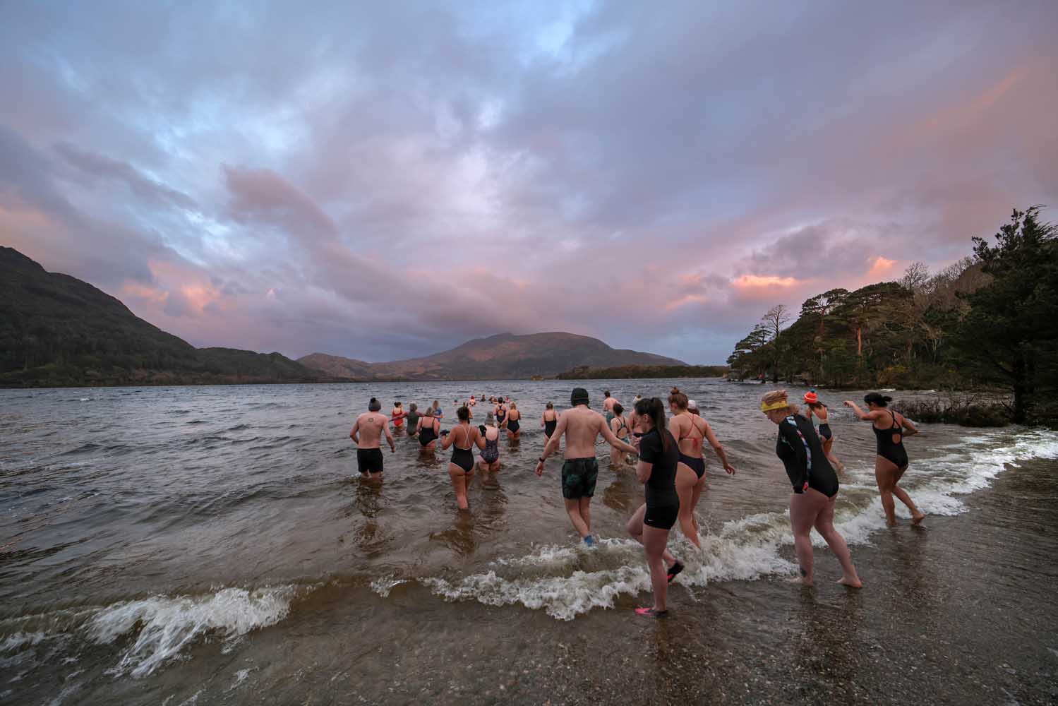 Swimmers running into the lakes of killarney under pink skies