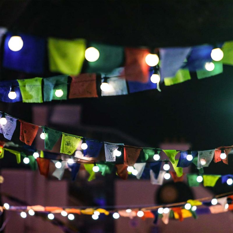 Flags hanging from streamers
